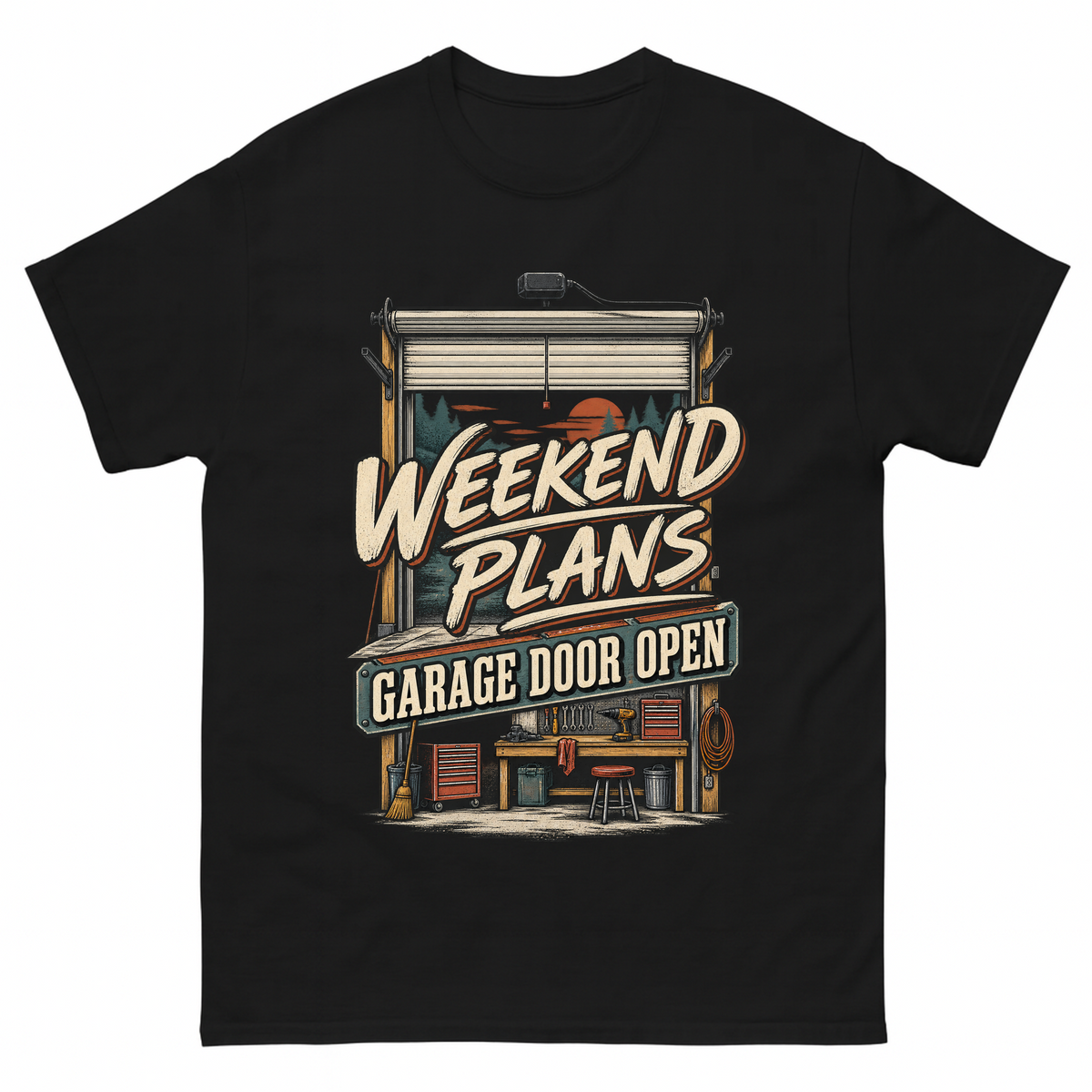 Black vintage t-shirt with Weekend Plans. Garage Door Open printed front design