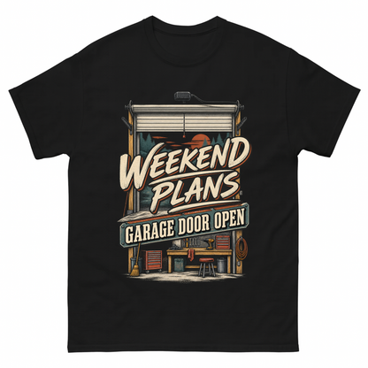 Black vintage t-shirt with Weekend Plans. Garage Door Open printed front design