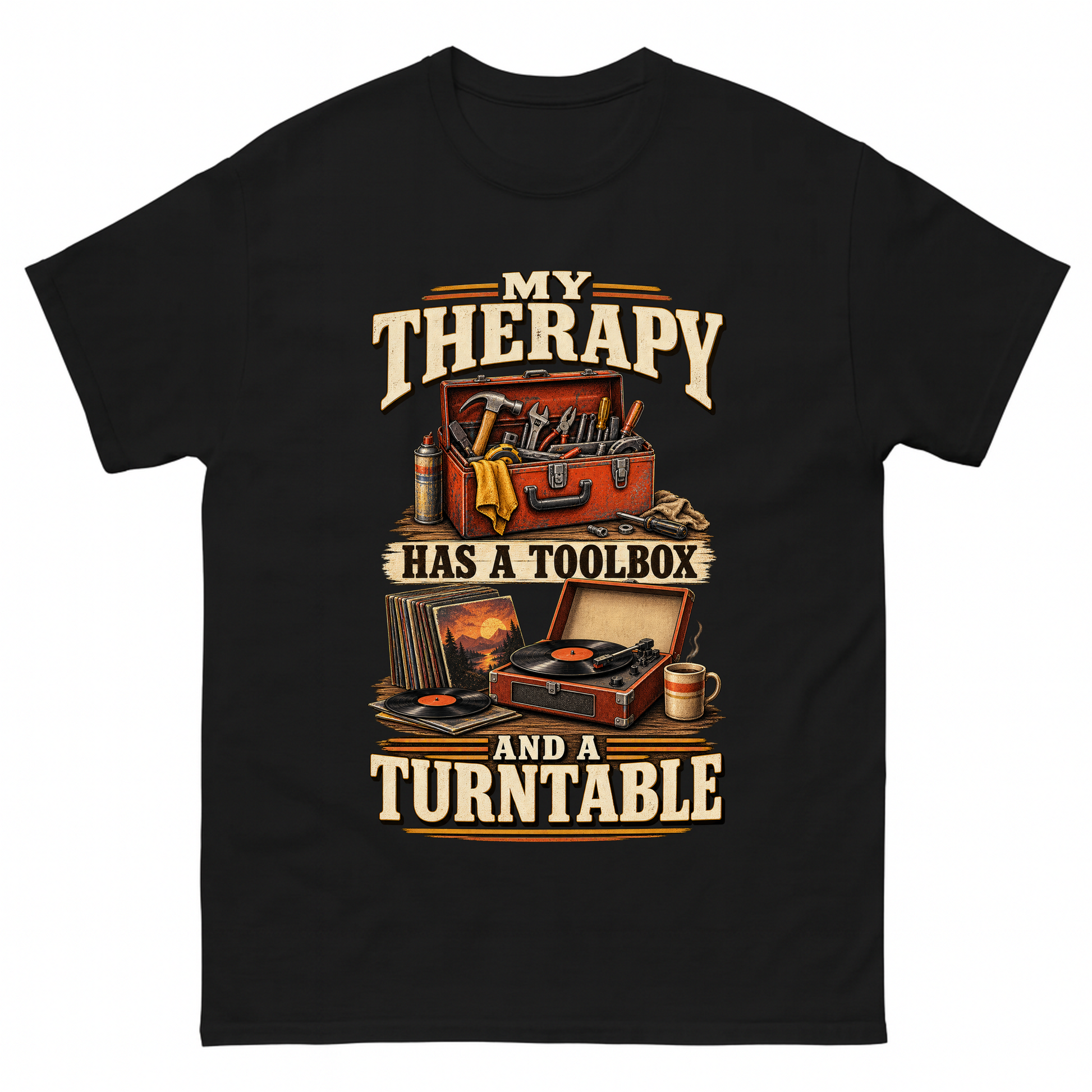 Black vintage t-shirt with 33 toolbox and turntable ideogram 4x printed front design