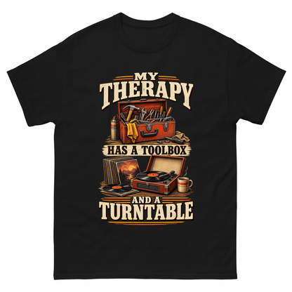 Black vintage t-shirt with 33 toolbox and turntable ideogram 4x printed front design