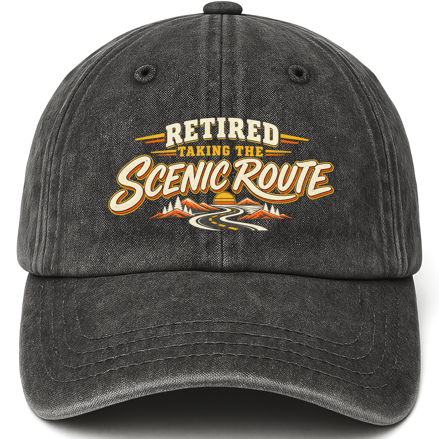 Black vintage washed cap with Retired. Taking The Scenic Route printed front design