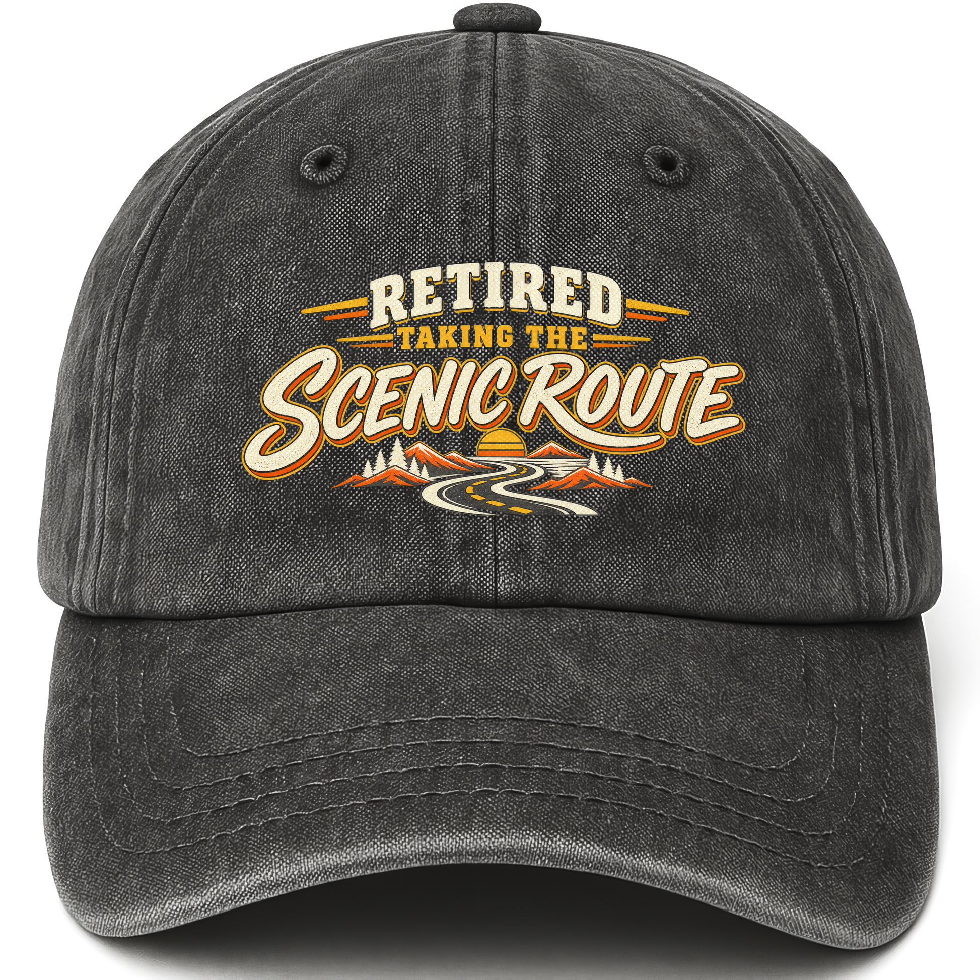 Black vintage washed cap with Retired. Taking The Scenic Route printed front design