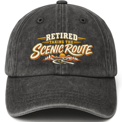 Black vintage washed cap with Retired. Taking The Scenic Route printed front design