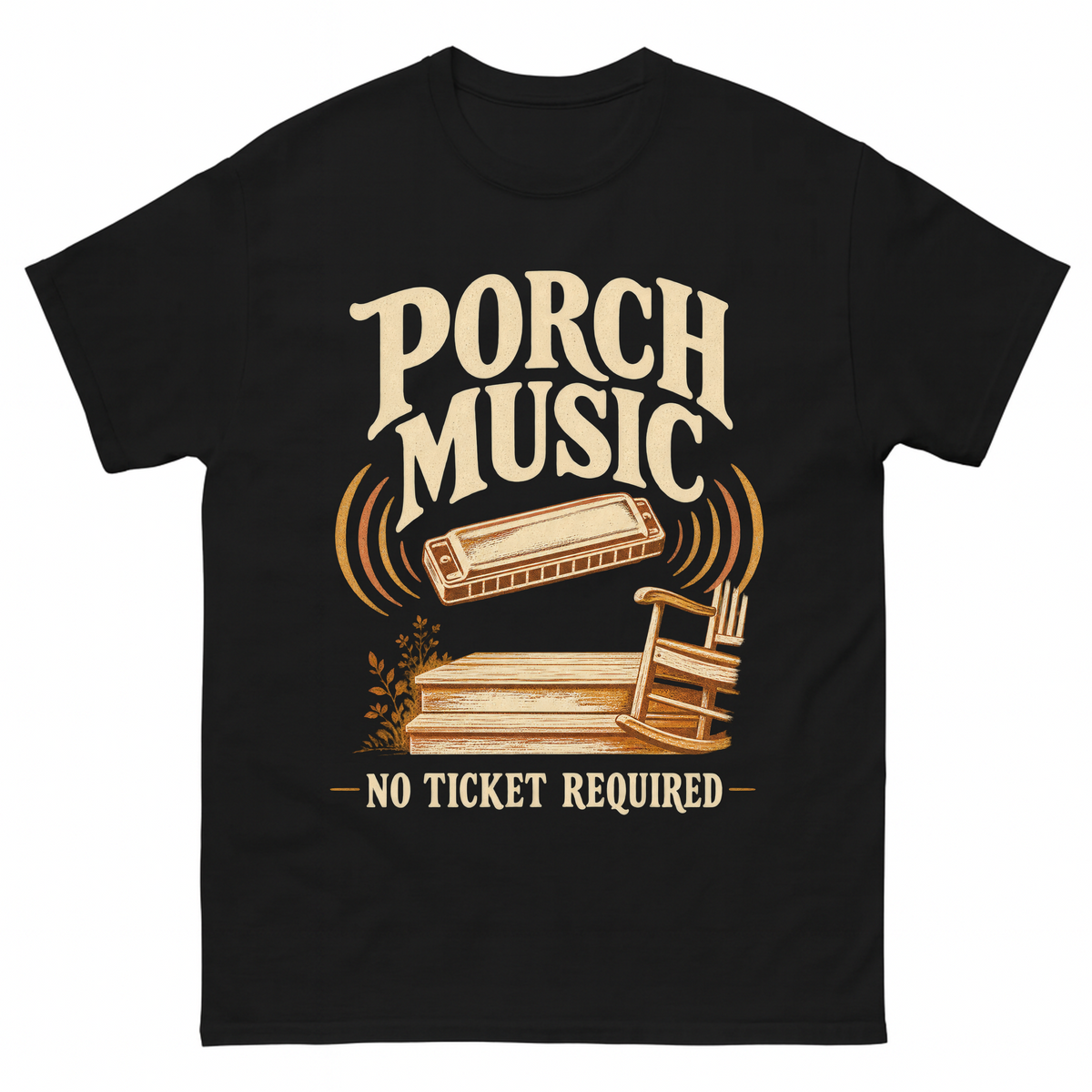 Black vintage t-shirt with Porch Music. No Ticket Required printed front design
