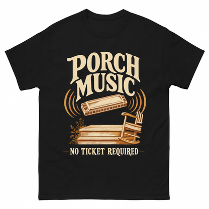 Black vintage t-shirt with Porch Music. No Ticket Required printed front design