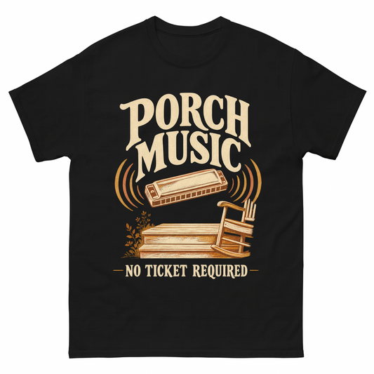 Black vintage t-shirt with Porch Music. No Ticket Required printed front design