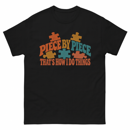 Black vintage t-shirt with Piece By Piece. That's How I Do Things printed front design