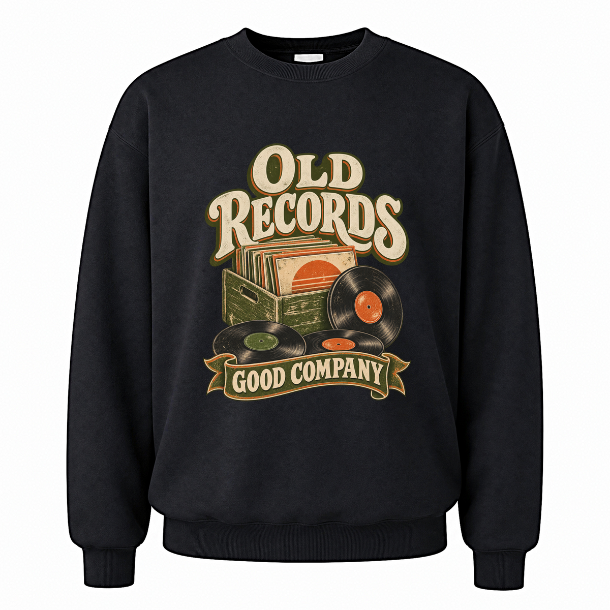 Black vintage sweatshirt with Old Records Good Company printed front design