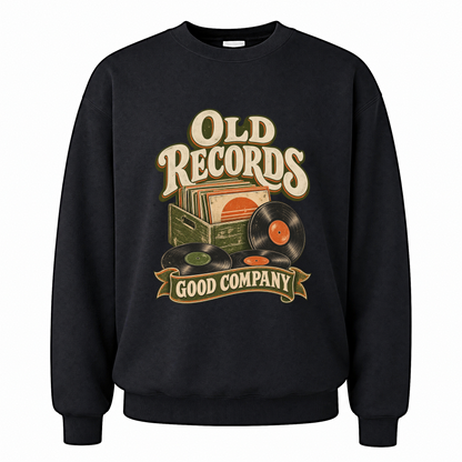 Black vintage sweatshirt with Old Records Good Company printed front design