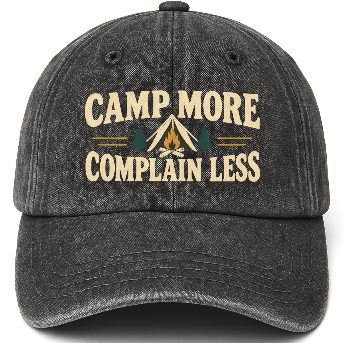 Black vintage washed cap with Camp More. Complain Less printed front design