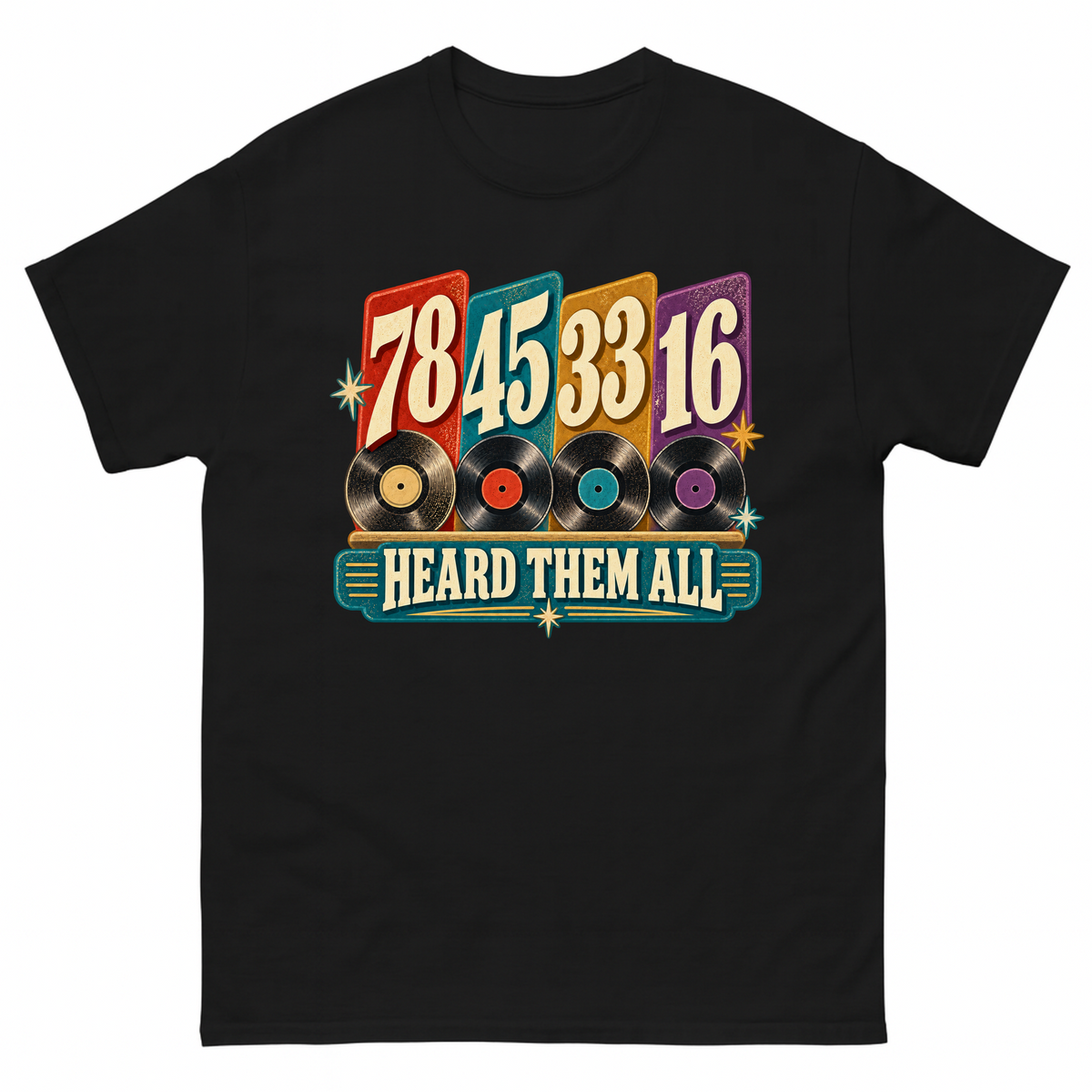 Black vintage t-shirt with 78 45 33 16. Heard Them All printed front design