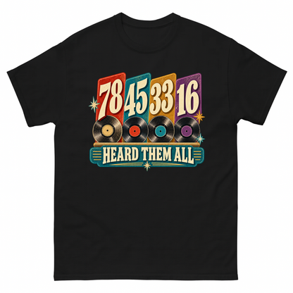 Black vintage t-shirt with 78 45 33 16. Heard Them All printed front design