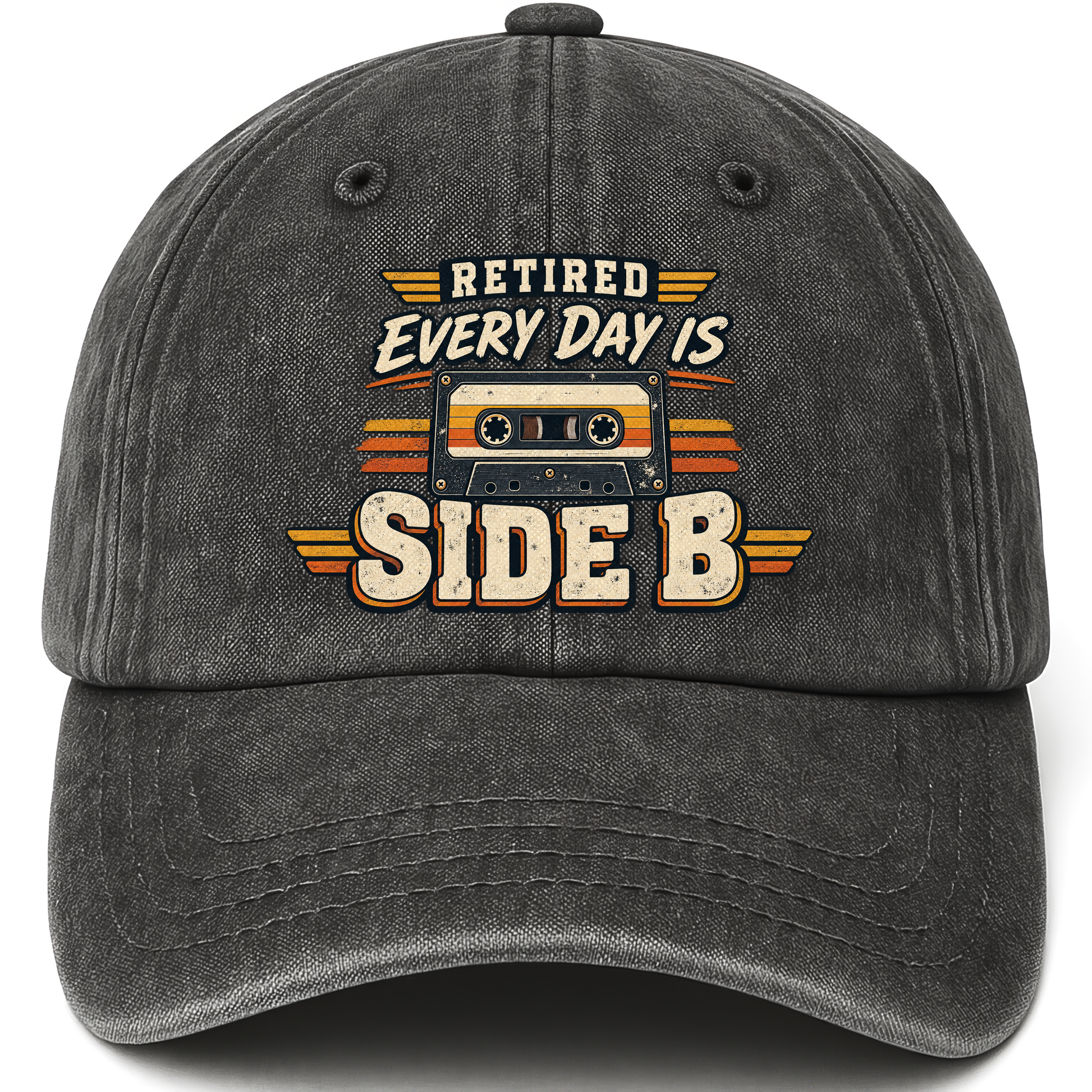 Black vintage washed cap with 38 every day is side b ideogram 4x TRIM pad80 printed front design