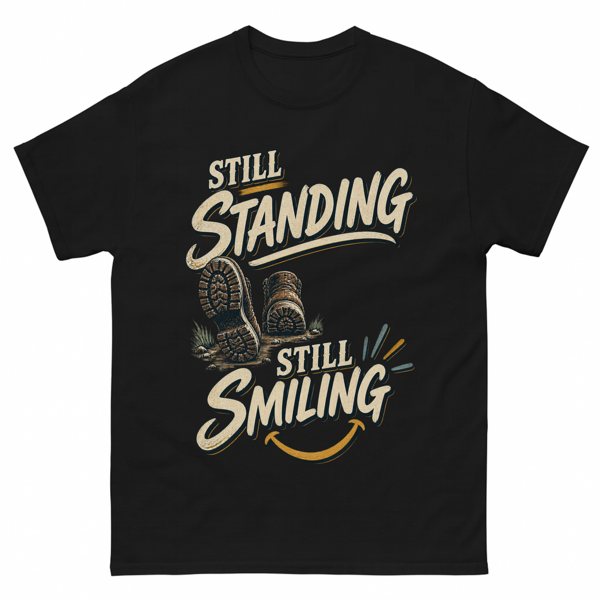 Black vintage t-shirt with Still Standing Still Smiling printed front design