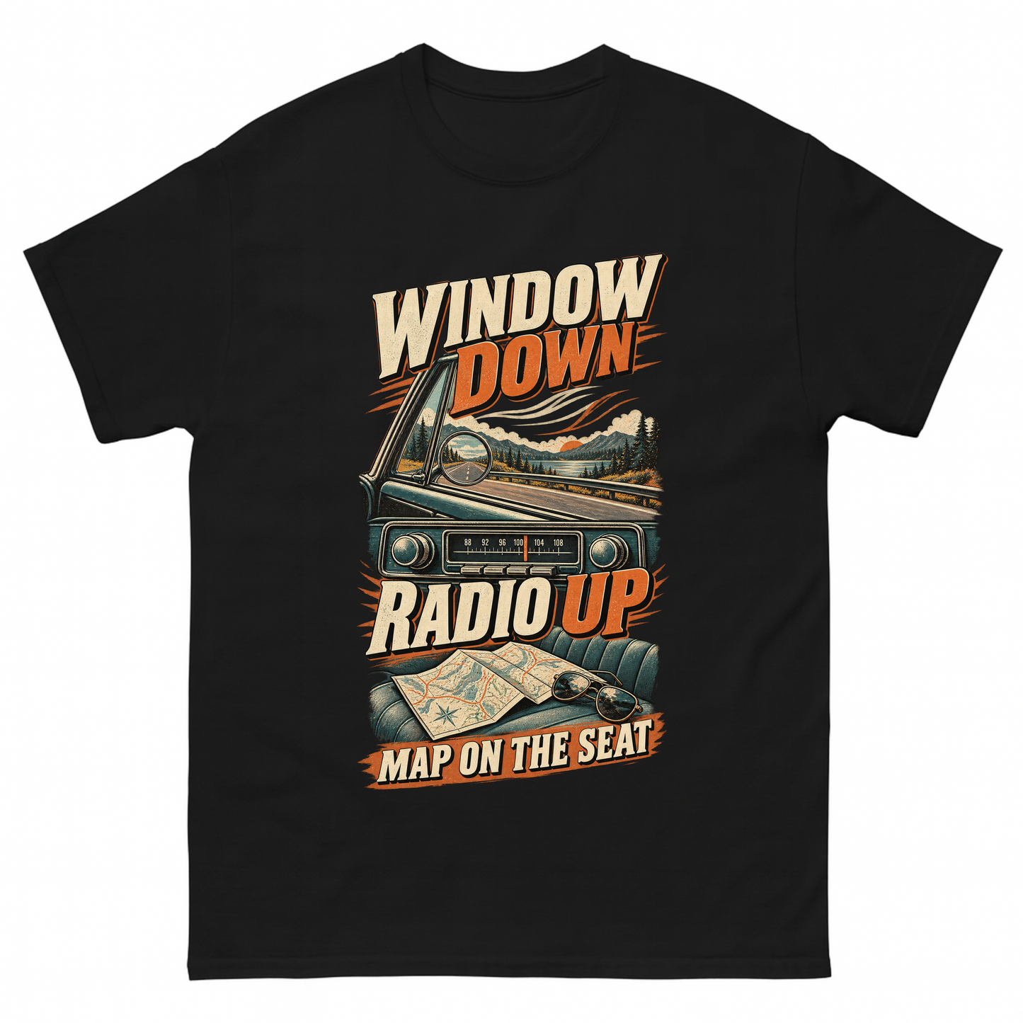 Black vintage t-shirt with Window Down Radio Up. Map On The Seat printed front design
