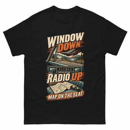Black vintage t-shirt with Window Down Radio Up. Map On The Seat printed front design
