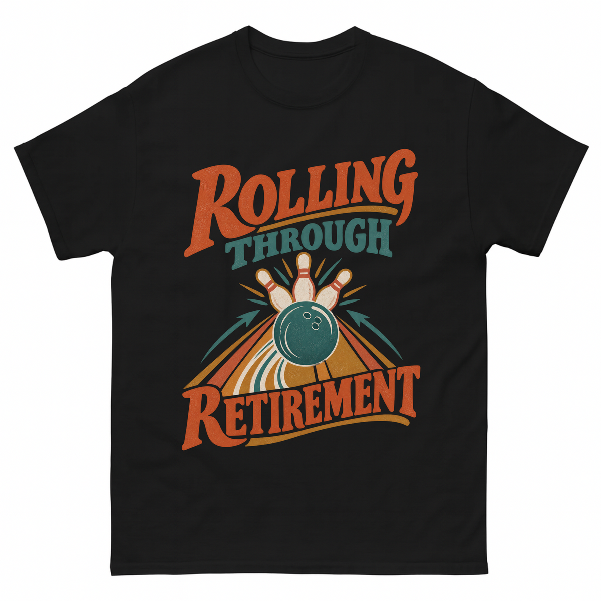 Black vintage t-shirt with Rolling Through Retirement printed front design
