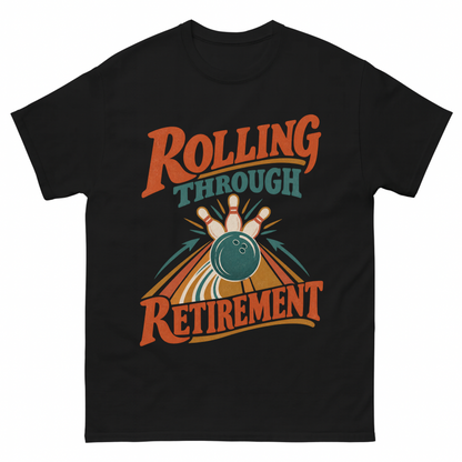 Black vintage t-shirt with Rolling Through Retirement printed front design