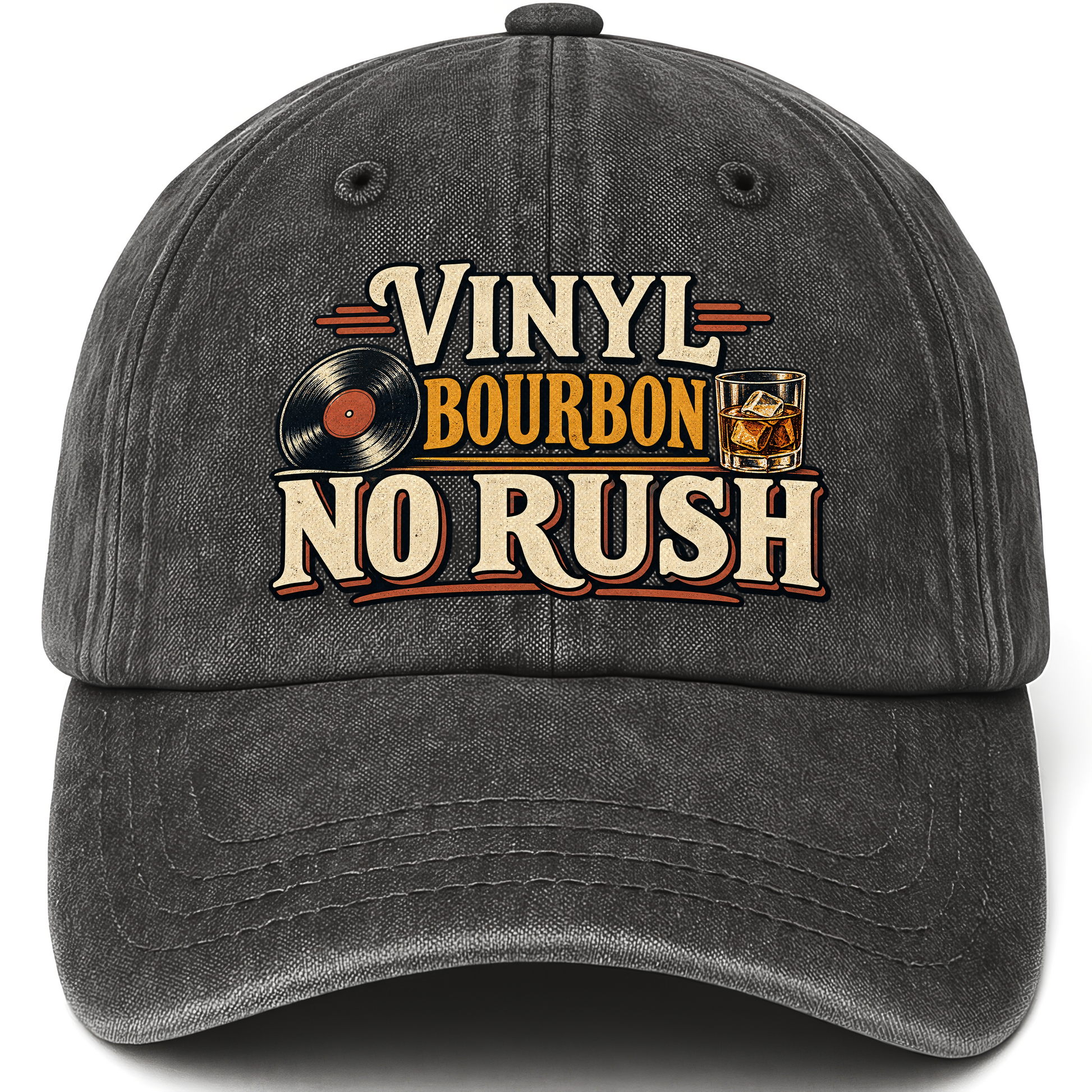 Black vintage washed cap with Vinyl Bourbon. No Rush printed front design