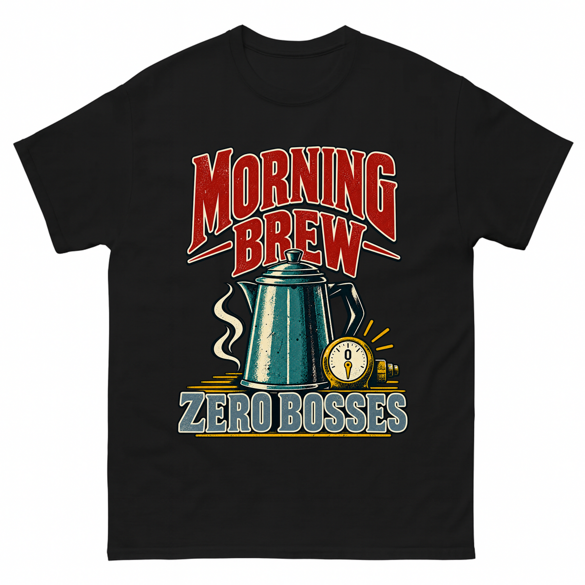 Black vintage t-shirt with Morning Brew. Zero Bosses printed front design