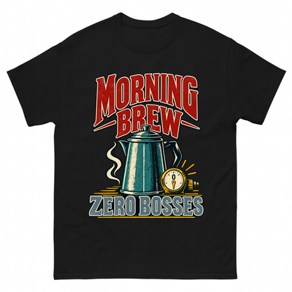Black vintage t-shirt with Morning Brew. Zero Bosses printed front design