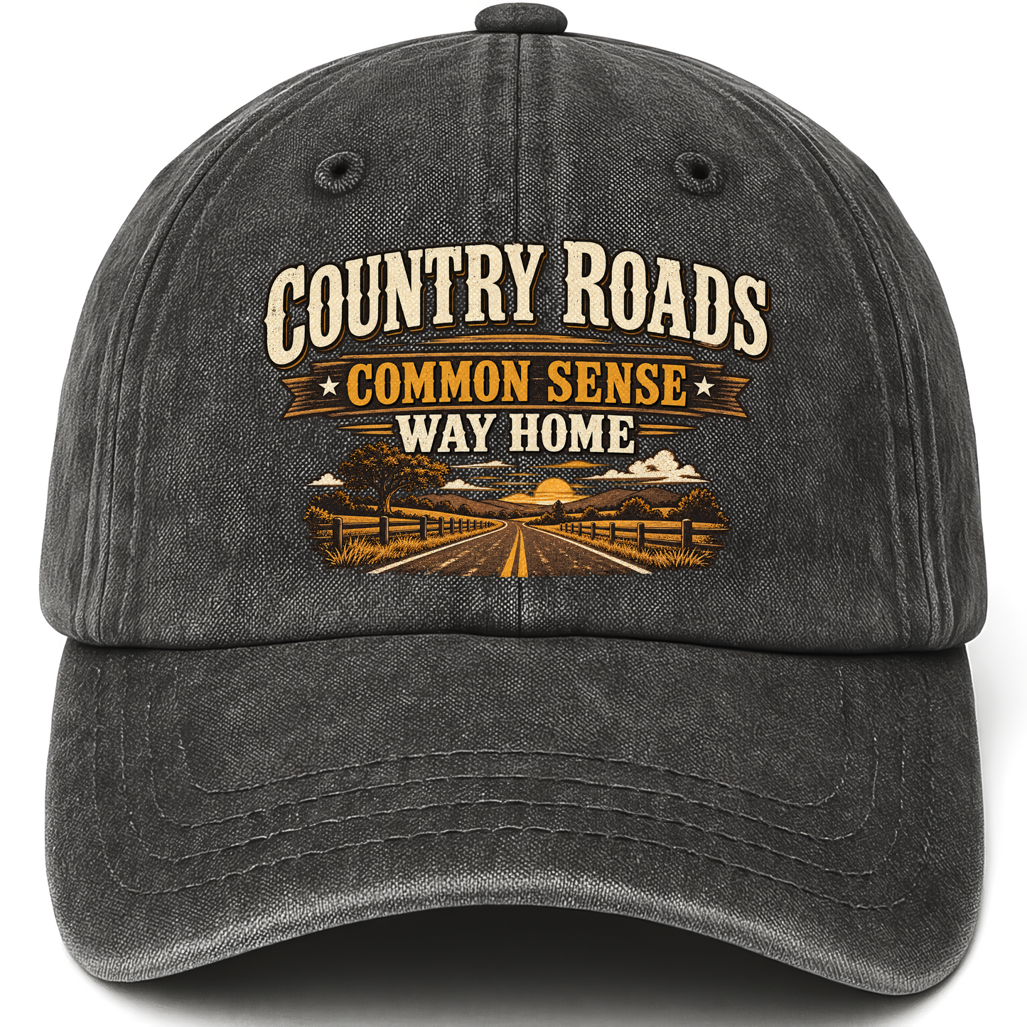 Black vintage washed cap with Country Roads. Common Sense Way Home printed front design