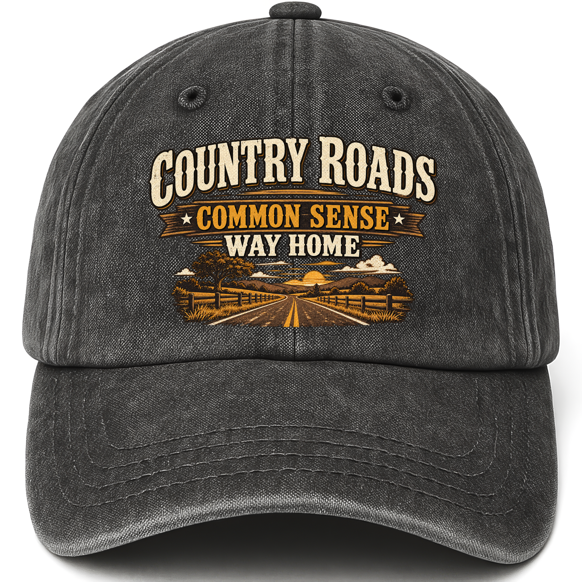 Black vintage washed cap with Country Roads. Common Sense Way Home printed front design