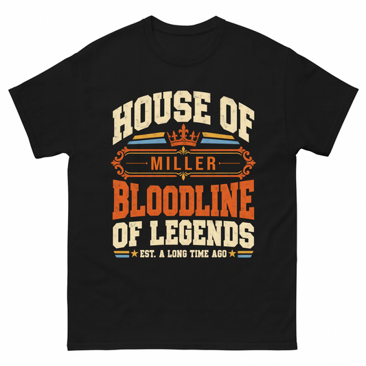 Black vintage t-shirt with House Of Your Family Name Bloodline Of Legends Crown printed front design