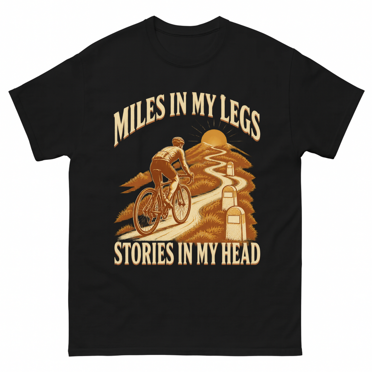 Black vintage t-shirt with Miles In My Legs. Stories In My Head printed front design