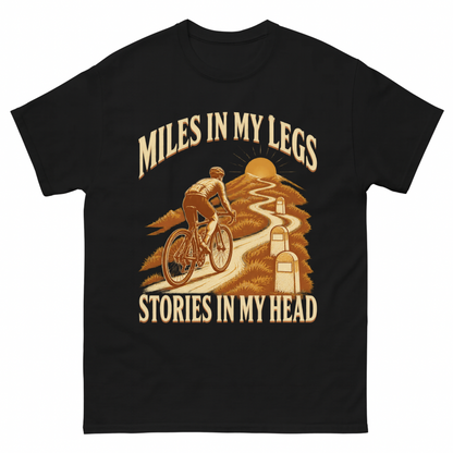 Black vintage t-shirt with Miles In My Legs. Stories In My Head printed front design