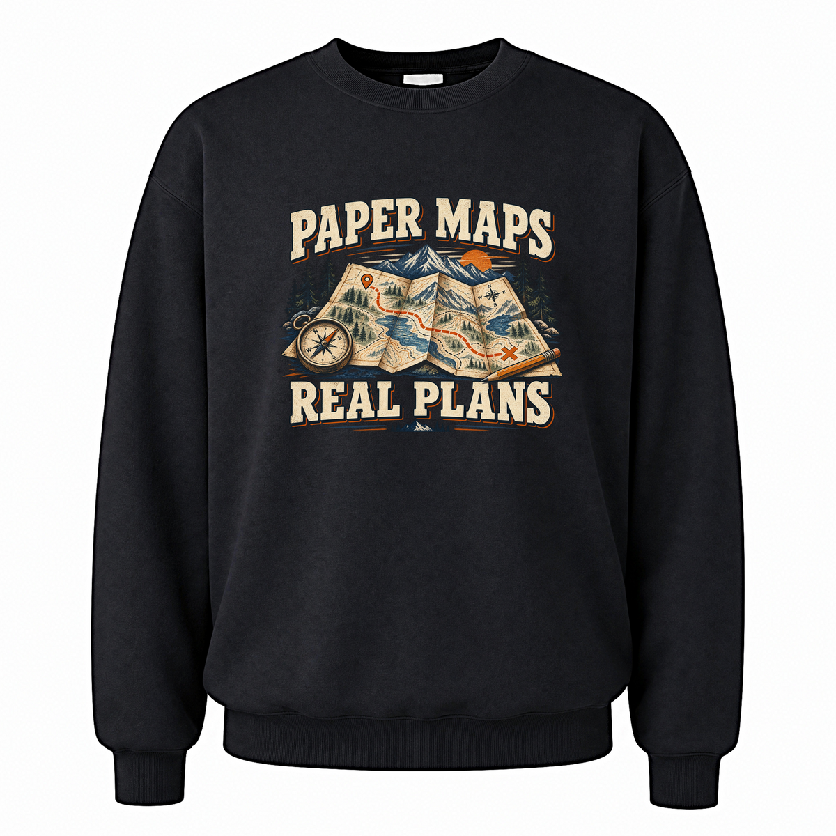Black vintage sweatshirt with Paper Maps. Real Plans printed front design