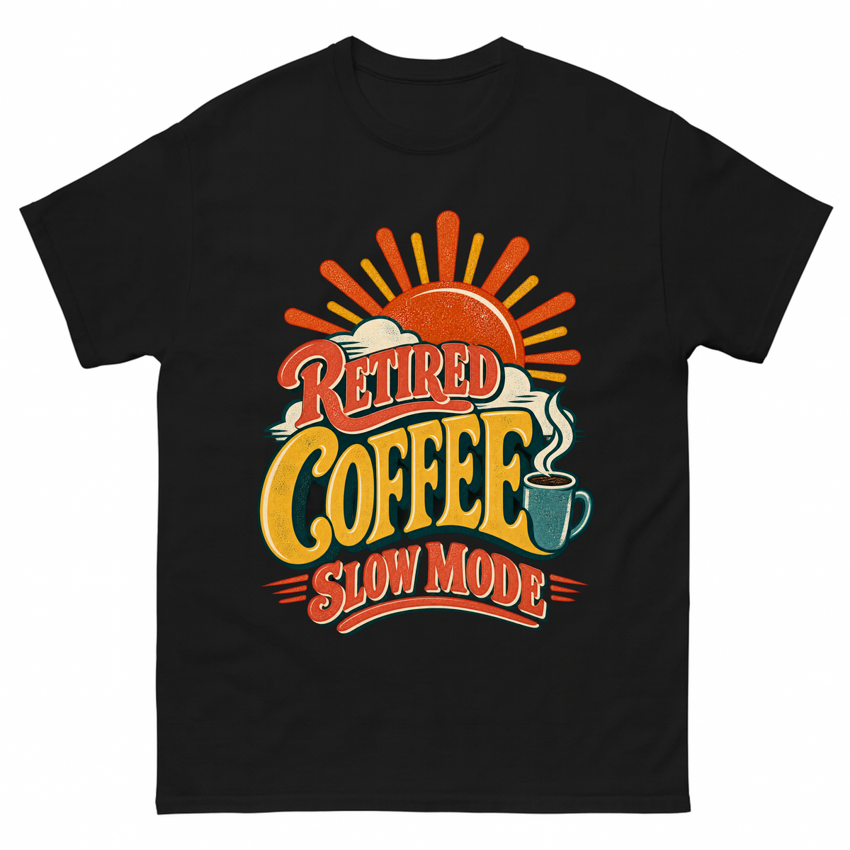 Black vintage t-shirt with Retired Coffee Slow Mode printed front design