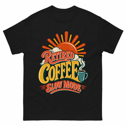 Black vintage t-shirt with Retired Coffee Slow Mode printed front design