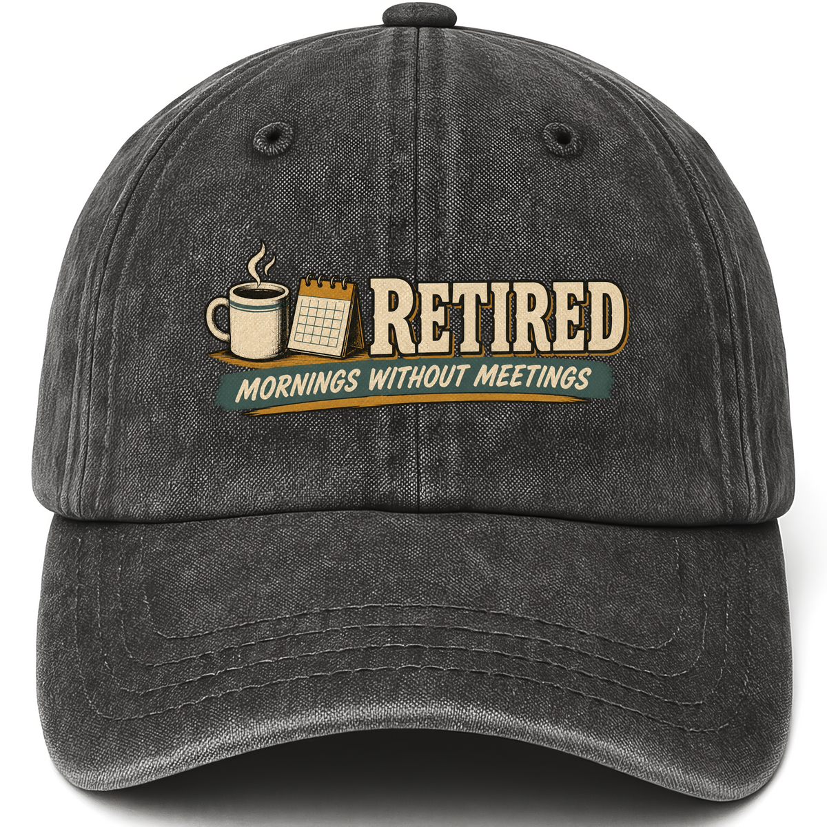 Black vintage washed cap with Mornings Without Meetings printed front design