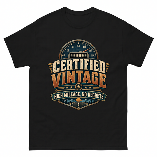 Black vintage t-shirt with Certified Vintage High Mileage, No Regrets printed front design