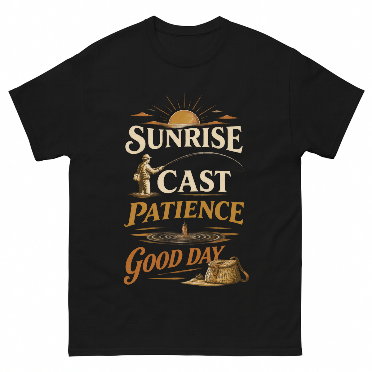 Black vintage t-shirt with Sunrise • Cast • Patience. Good Day printed front design