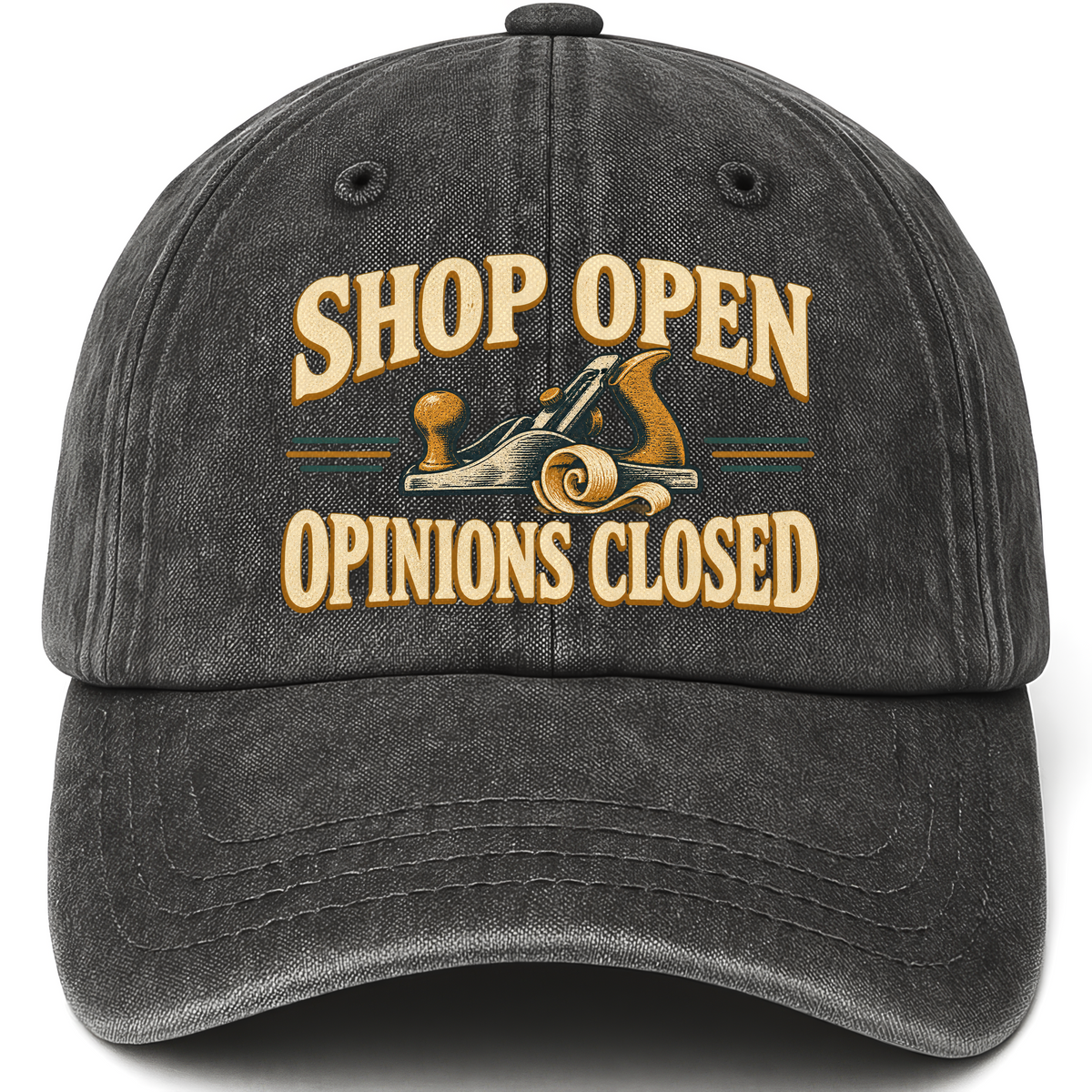 Black vintage washed cap with Shop Open Opinions Closed printed front design