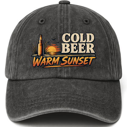 Black vintage washed cap with Cold Beer. Warm Sunset printed front design