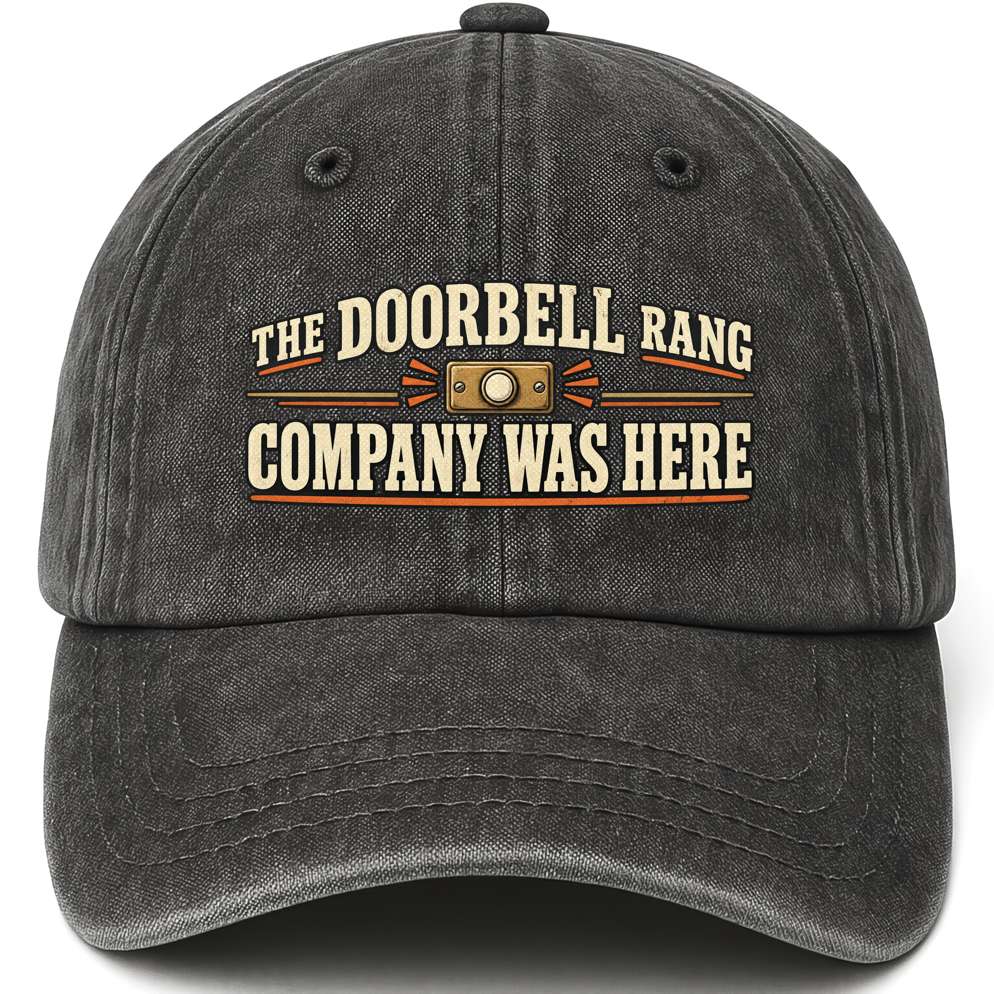 Black vintage washed cap with The Doorbell Rang Company Was Here printed front design
