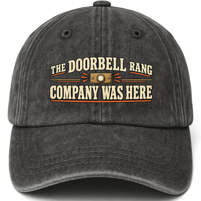 Black vintage washed cap with The Doorbell Rang Company Was Here printed front design