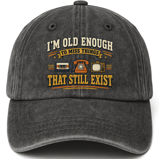 Black vintage washed cap with 42 miss things that still exist ideogram 4x TRIM pad80 printed front design