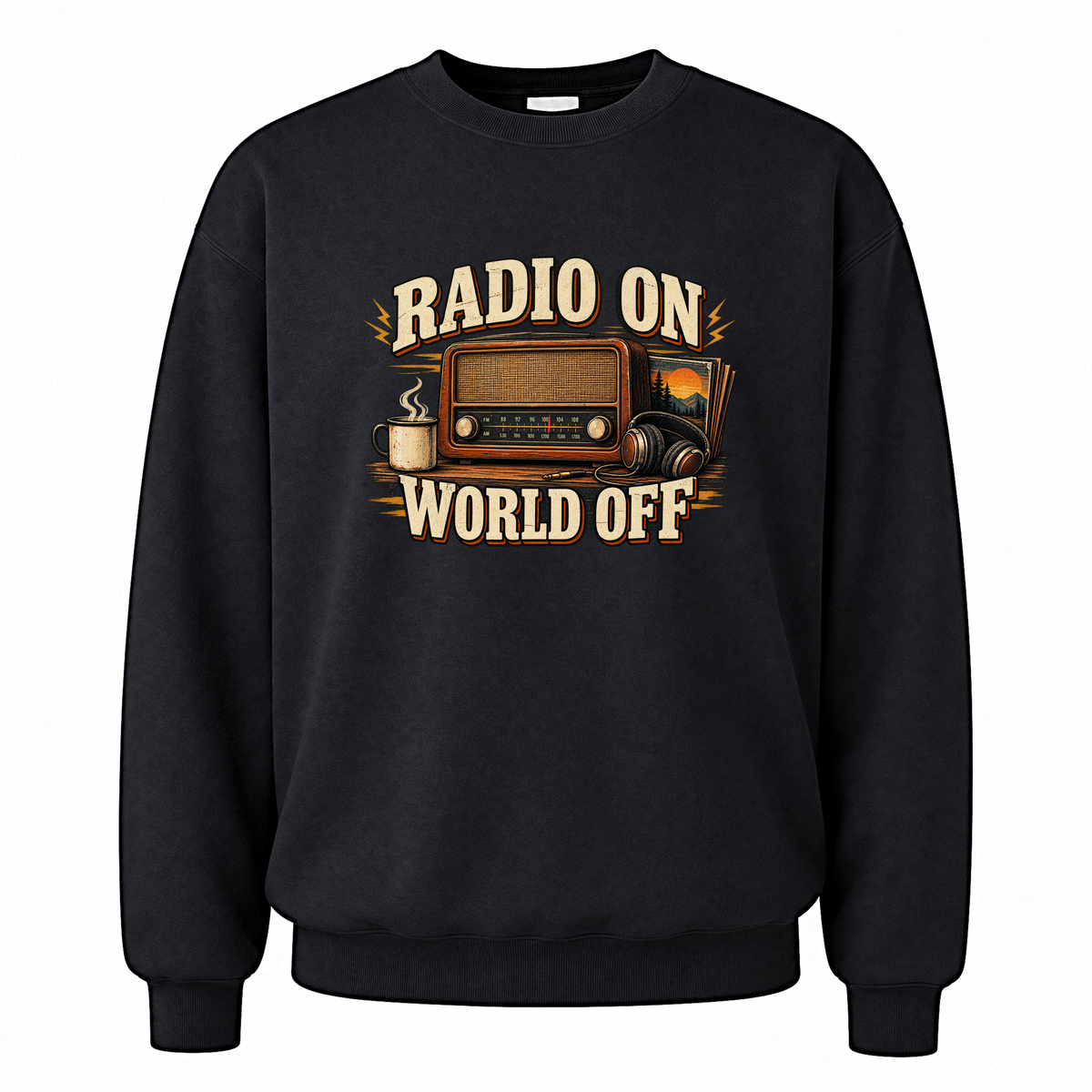 Black vintage sweatshirt with Radio On World Off printed front design
