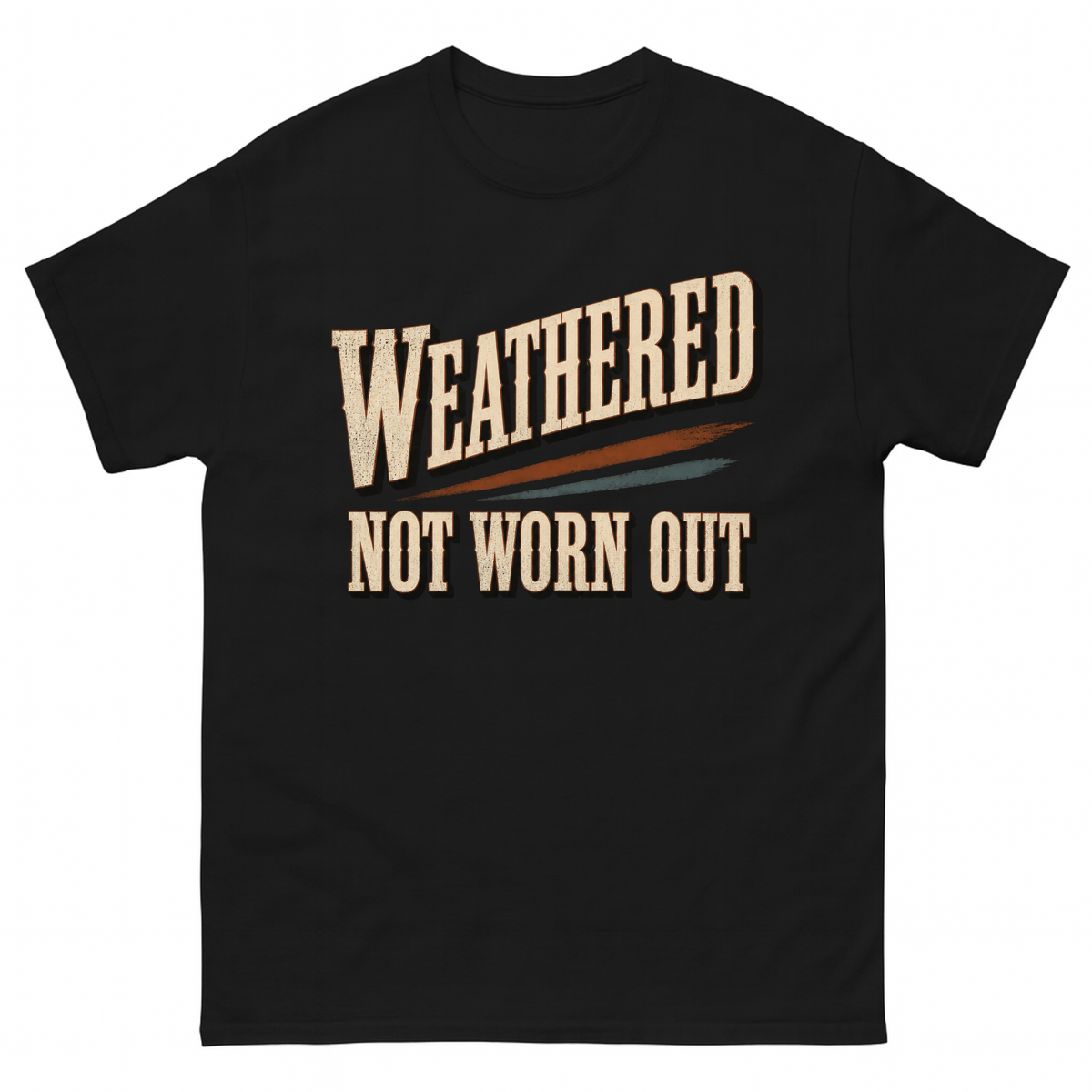Black vintage t-shirt with Weathered Not Worn Out printed front design
