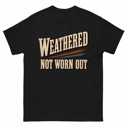 Black vintage t-shirt with Weathered Not Worn Out printed front design