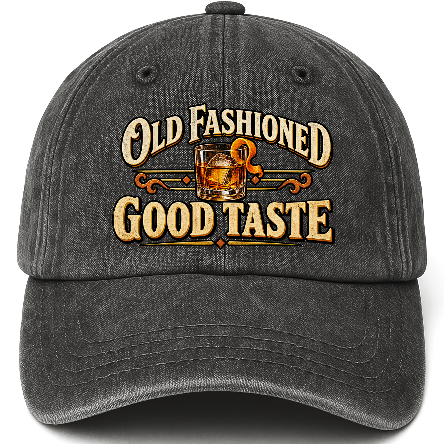 Black vintage washed cap with Old Fashioned Good Taste printed front design