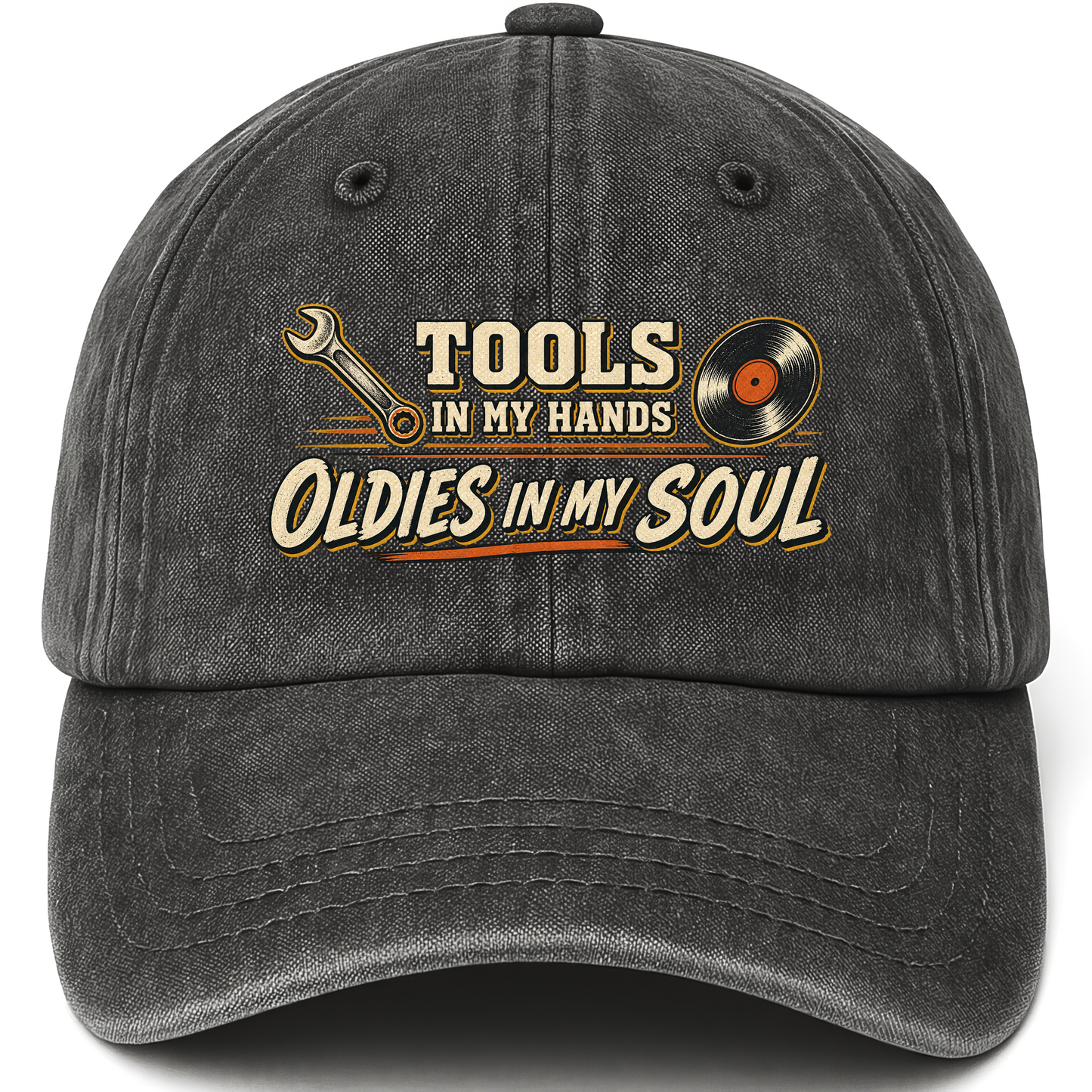 Black vintage washed cap with Autumn Sensory Play printed front design