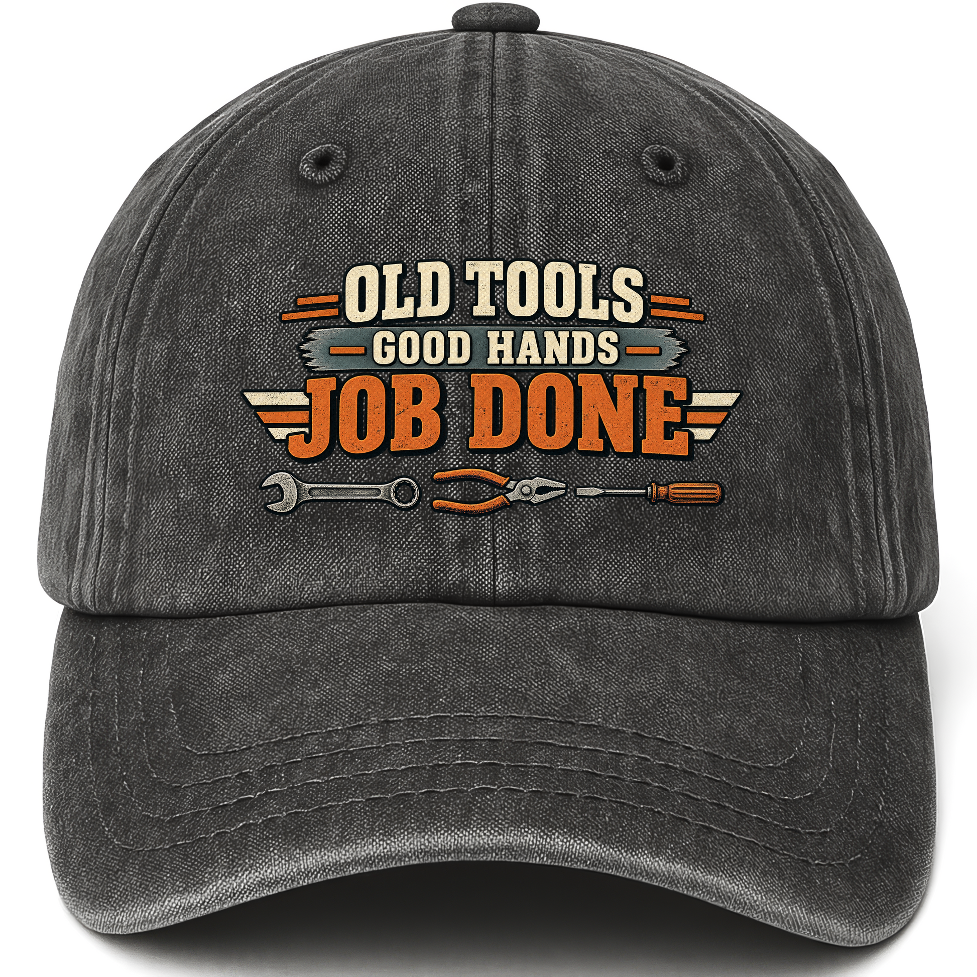 Black vintage washed cap with Old Tools Good Hands Job Done printed front design