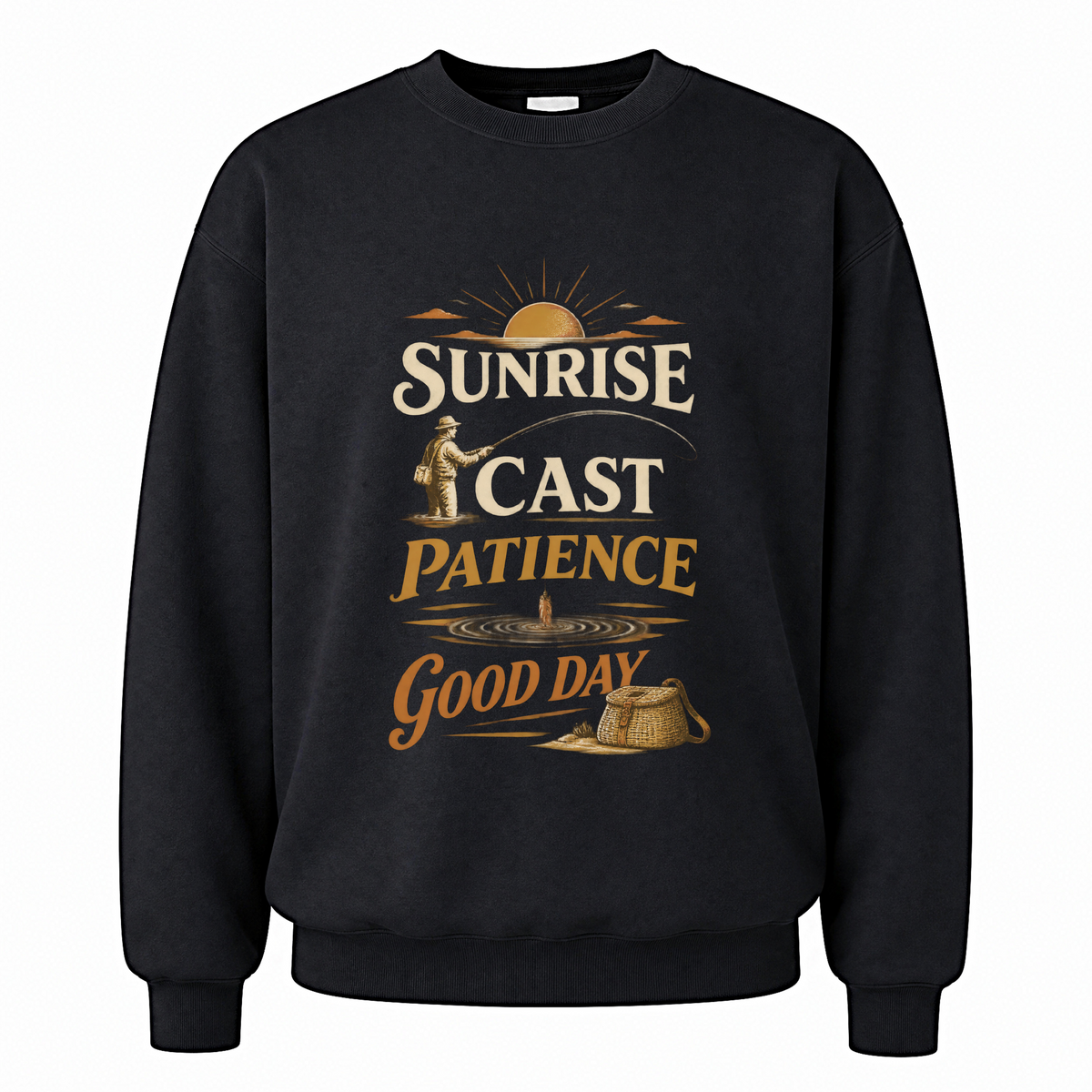 Black vintage sweatshirt with Sunrise • Cast • Patience. Good Day printed front design