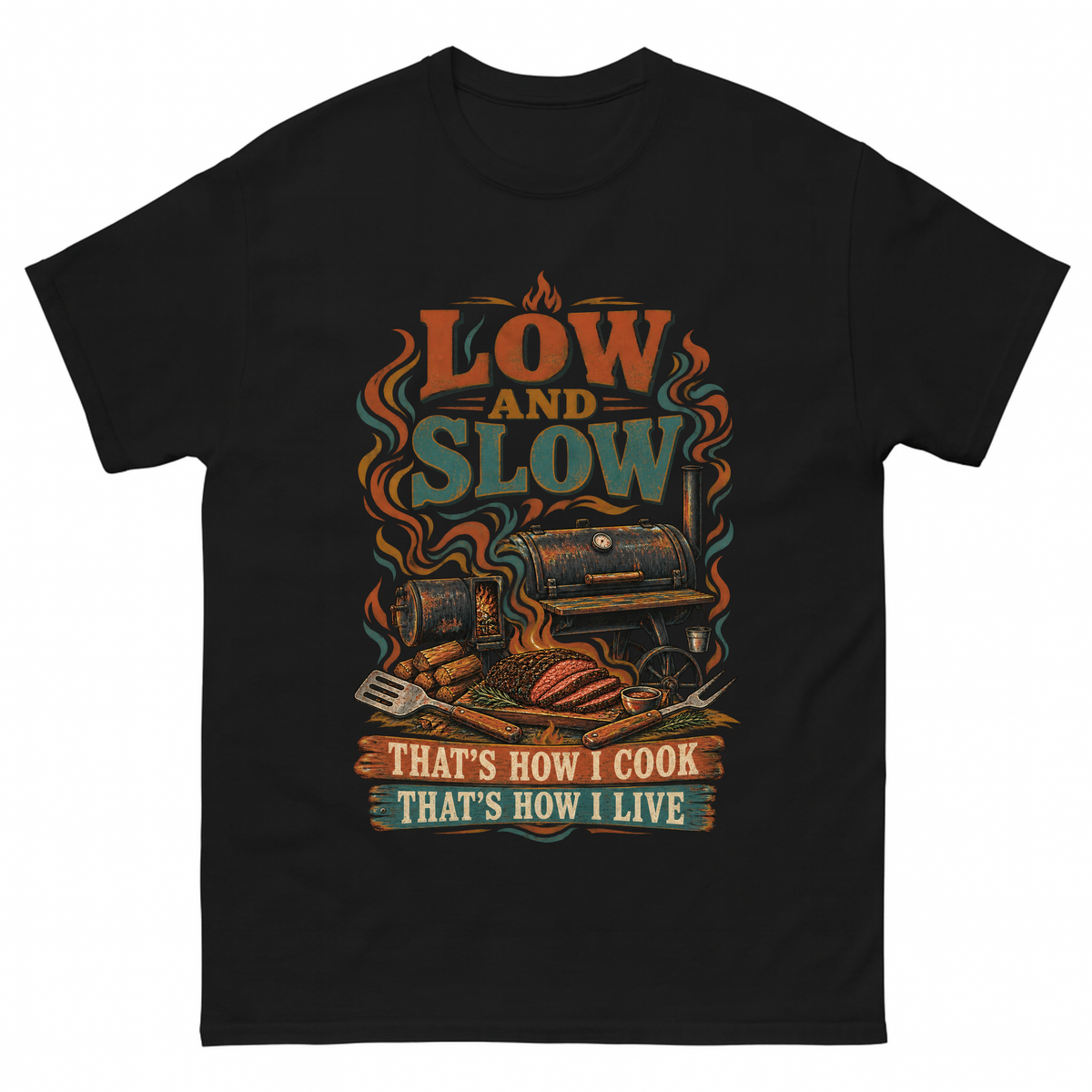 Black vintage t-shirt with Low And Slow That’s How I Cook That’s How I Live printed front design