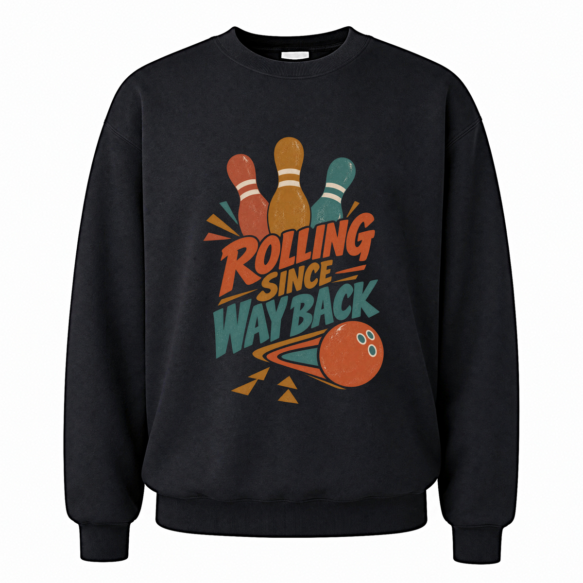 Black vintage sweatshirt with Bowling Since Way Back printed front design